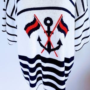 Vintage 1980s Women's Sweater.   Nautical with Anchors Striped Red White Blue